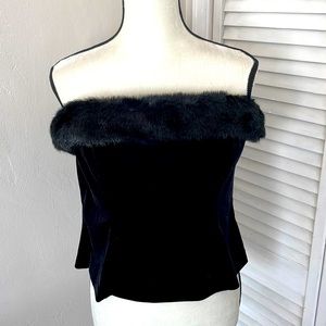 TADASHI Black Stretchy Velvet-Like Bustier w/Furry Neckline, Size XL